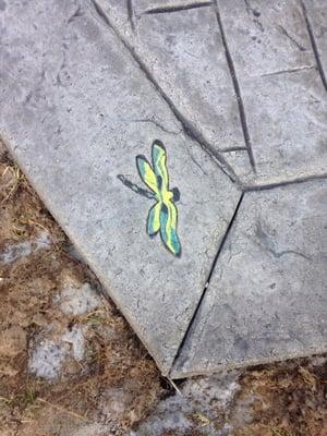 Whimsical dragon-fly hand painted on corners of patio 3/25/16