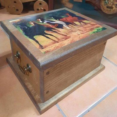 Solid wood box with cool picture of horses on lid. Measures 11.5"L x 10.25"W x 7"H. $25.