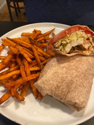 Paola Wrap on whole wheat wrap and Sweet Potato Fries