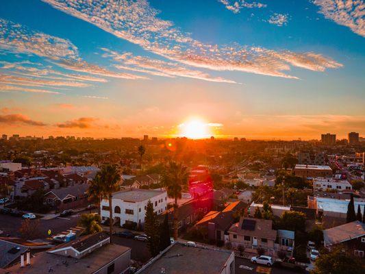 Aerial sunset view from North Park looking to the west at downtown San Diego