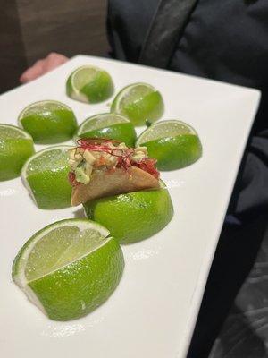 Mini tacos served creatively on a wedge of lime were a huge hit and I'm glad to have scored the last one, it was incredible.