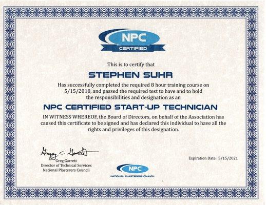 NPC certified start-up technician.  Start-up technicians are responsible for treating the water and plaster after new construction.