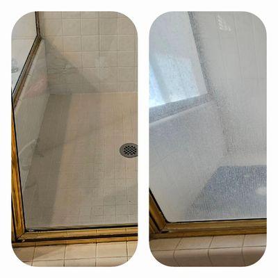 Before and after shower door that hadn't been touched and had years of build-up.