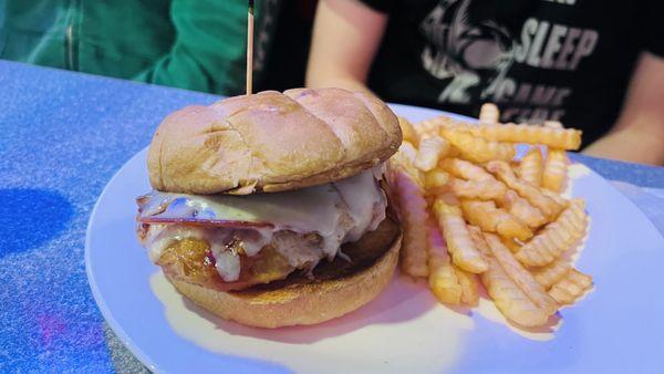 Jeremy's blazing grilled chicken sandwich with fries