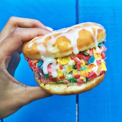 My donut ice cream sandwich with fruity pebble topping!