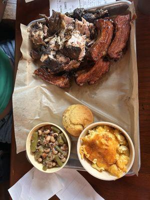 Ribs, chicken, purple eyed peas, Mac n cheese, cornbread