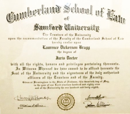 Mr. Bragg received his Law Degree from Samford University's Cumberland School of Law in 1989.