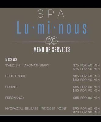 Massage Menu! New customers receive $15 off!! Also text or call us for current specials!