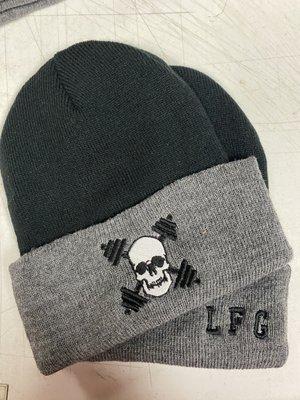 embroidered beanies, front and back