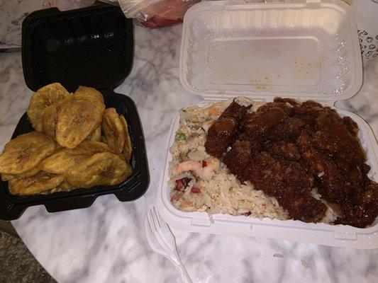 Tostones, Boneless Chicken W, Garlic Sauce and Young Chow Fried Rice