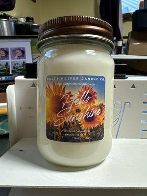 Hello Sunshine candle, 100% soy & coconut wax with wood crackling wick.