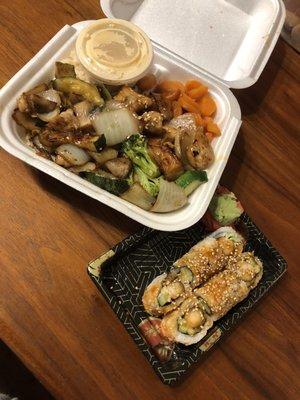 Chicken Teriyaki with Vegetables and Shrimp Tempura Roll.