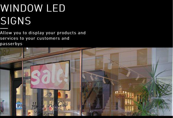 Our Window LED Sign Series - Indoor Cost efficient LED display Full Color images and videos - High Brightness to fight Daylight Sun