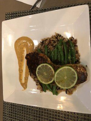 Catch of the Day. Blackened Swordfish over wild rice and green beans.