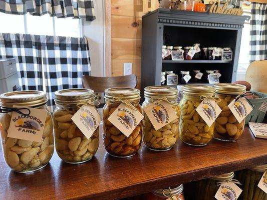 Pickled garlics - many flavors : vt maple, chili, herbs & wine, rosemary tarragon, curry and habadilly.