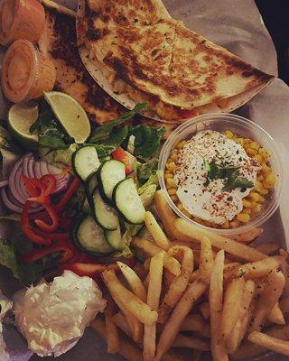 Buffalo Chicken Quesadillas, Esquites, Crispy Fries