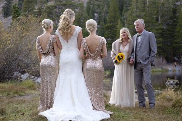 Bride, bridesmaids, and mother of the bride