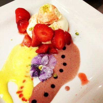 Saffron Pavlova + Rhubarb Ice Cream + Strawberries + Red, White Wine Sabayon