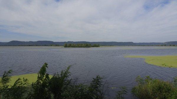 Views of Mississippi Rivers from Waters Edge Motel Campground and Marina and of the cabins and marina.