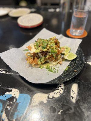 Pork Al pastor Tostada Tower- $18. Small, but divine!!!