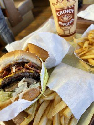 Up close my pastrami burger with added mushrooms