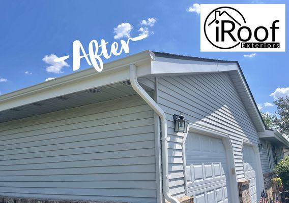 After we replaced the gutters with new white seamless gutters, and replaced the soffit & fascia.  What an improvement in curb appeal!