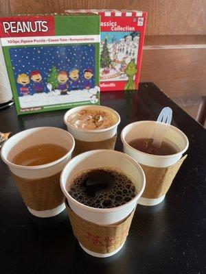 Coffee, tea, and latte sampler