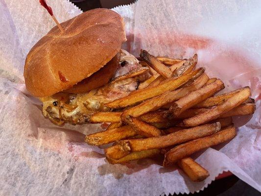 Big Buc Burger & Fries  100% black angus smothered with cheese and sauteed onions.  It was delicious! I loved the fries.