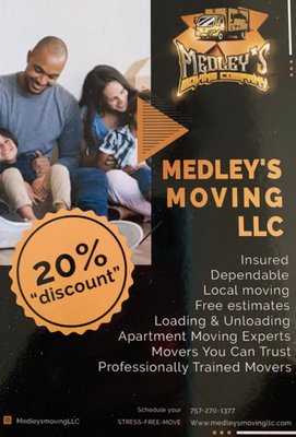 Need to move quick but can't find someone reliable, insured, or everyone too expensive? For the next MONTH ALL SERVICES RECEIVE 20% Discount