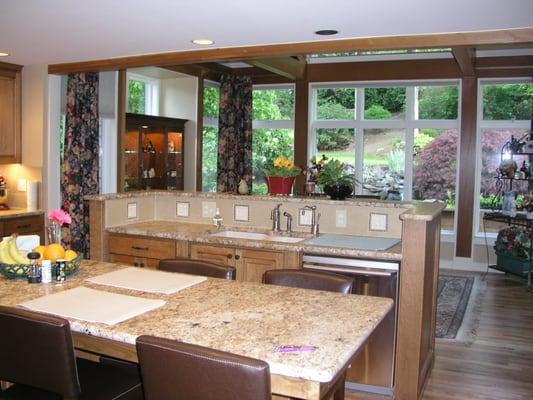 Unique kitchen remodel, antiqued finish granite counters, beautiful handmade tile details and rich color palette