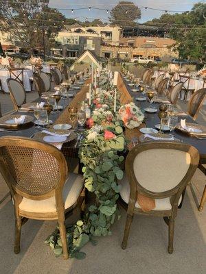 Table runner flowers and candles.