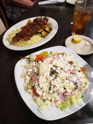 Large Greek salad and beef kabob