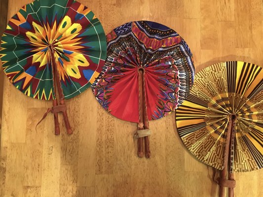 Hand made fans from Ghana: fabric, wood, leather, collapsible. Fair Trade. Sustainable.