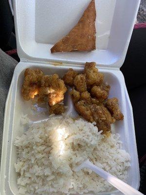 Orange chicken, white rice and cheese wonton