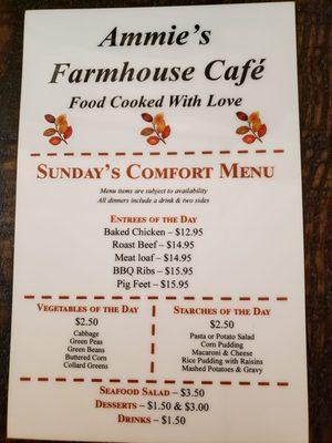 Sunday menu for Farmhouse Cafe in Through the Garden Gate