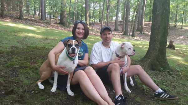 The boxer on the left needed a companion.  The problem?  She is easily afraid.  We worked with the client to find the best dog for them.