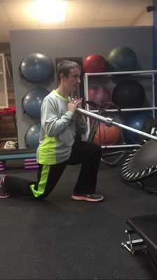 Damion C. Working on strength and conditioning! T bar reverse lunge working on form prior to increasing weight next week!