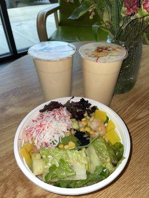 Creamy Sesame Shrimp Bowl- so amazing 5/5  Coconut milk tea & Mango milk tea- Great 4.6/5