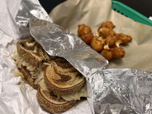 Reuben on rye with cheese curds side