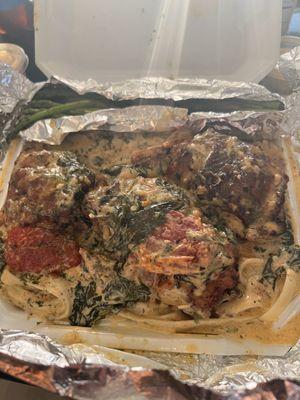 I believe this was the Tuscan Chicken with pasta, rice with spinach and roasted tomatoes. This is one of my favorite meals.