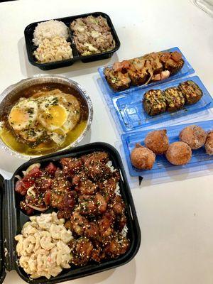 Kalua pork bowl, teriyaki loco moco, furikake mochiko chicken, pumpkin mochi, deep fried musubi & Bomb Musubi