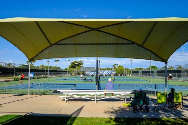 Seating area for the tennis courts.