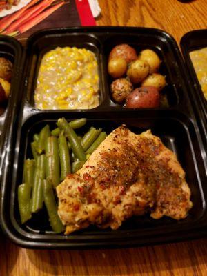 Baby potatoes, green beans, grilled chicken, creamed corn meal prep