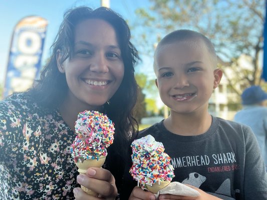 Hard chocolate and hard strawberry on a cake cone and a kids twist both with rainbow sprinkles.