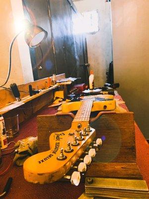 A Beautiful 1977 Telecaster Deluxe On the Bench for clean up, strings, intonation and slight neck adjustment.