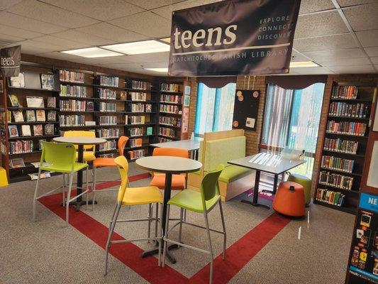 The teen/young adult collection and lounge area on the second floor.