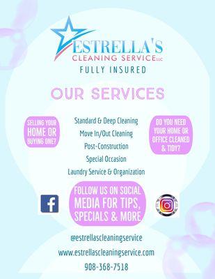 Follow us on social media! Visit our website for our specials! www.estrellascleaningservice.com