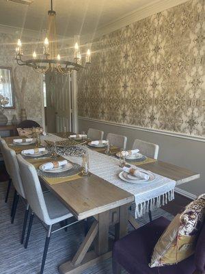 Dining room refresh.  Paint, Wallpaper, lighting and accessories.