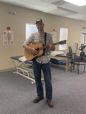 Physical Therapist Luke dressed up for "music day" during their spirit week.