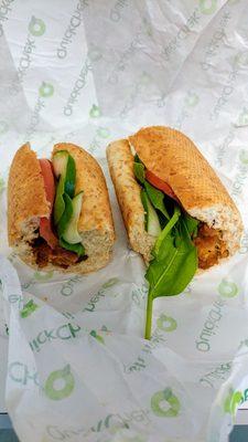 6 in general tso's chicken on wheat roll with tomato, cucumber, and spinach - pretty good!